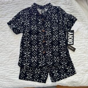 DKNY Paisley Black and White Button Down Toddler Shirt and Short Set